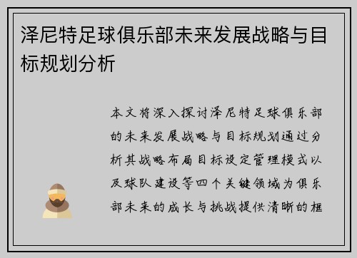泽尼特足球俱乐部未来发展战略与目标规划分析