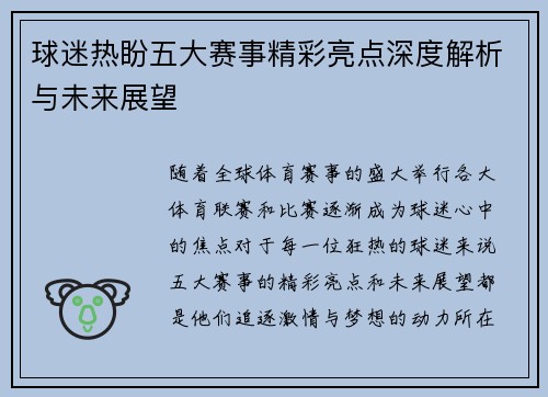 球迷热盼五大赛事精彩亮点深度解析与未来展望