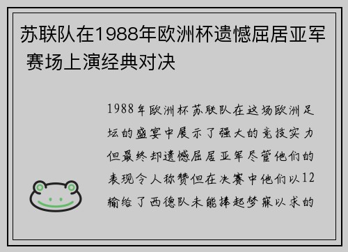 苏联队在1988年欧洲杯遗憾屈居亚军 赛场上演经典对决