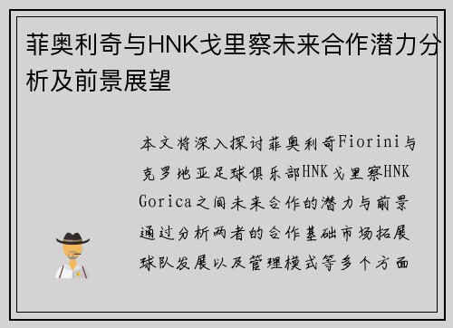 菲奥利奇与HNK戈里察未来合作潜力分析及前景展望